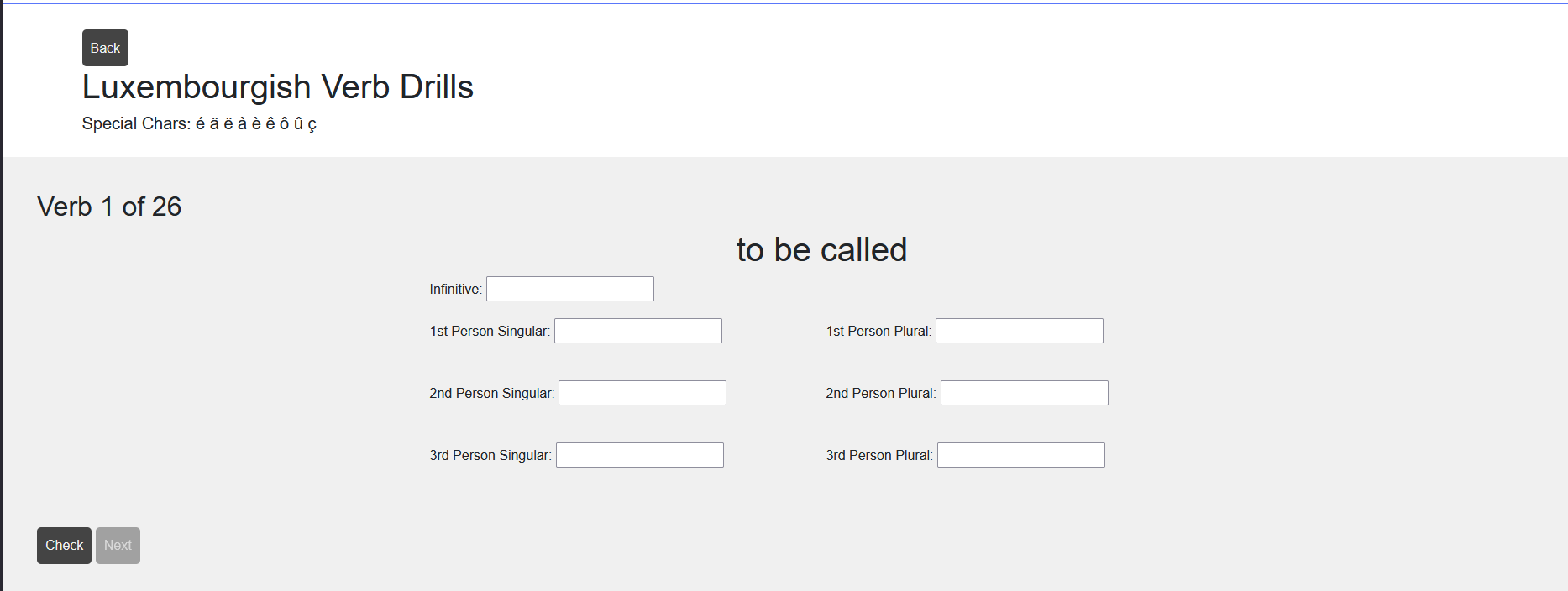 Luxembourish Verb Drills Screenshot Screenshot of Luxembourish Verb Conjugation Drills